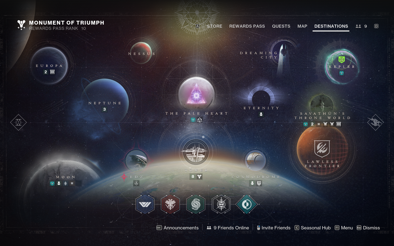 The destinations menu, showing the currently available locations.