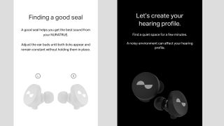 screenshots of the nura app showing the setup process for the nuratrue earbuds