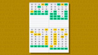 Quordle daily sequence answers for game 673 on a yellow background