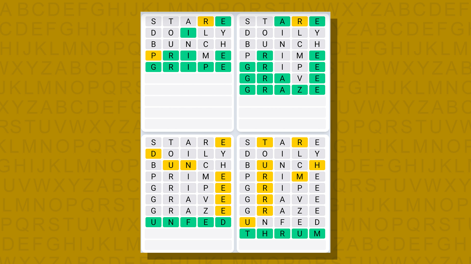 Quordle daily sequence answers for game 673 on yellow background