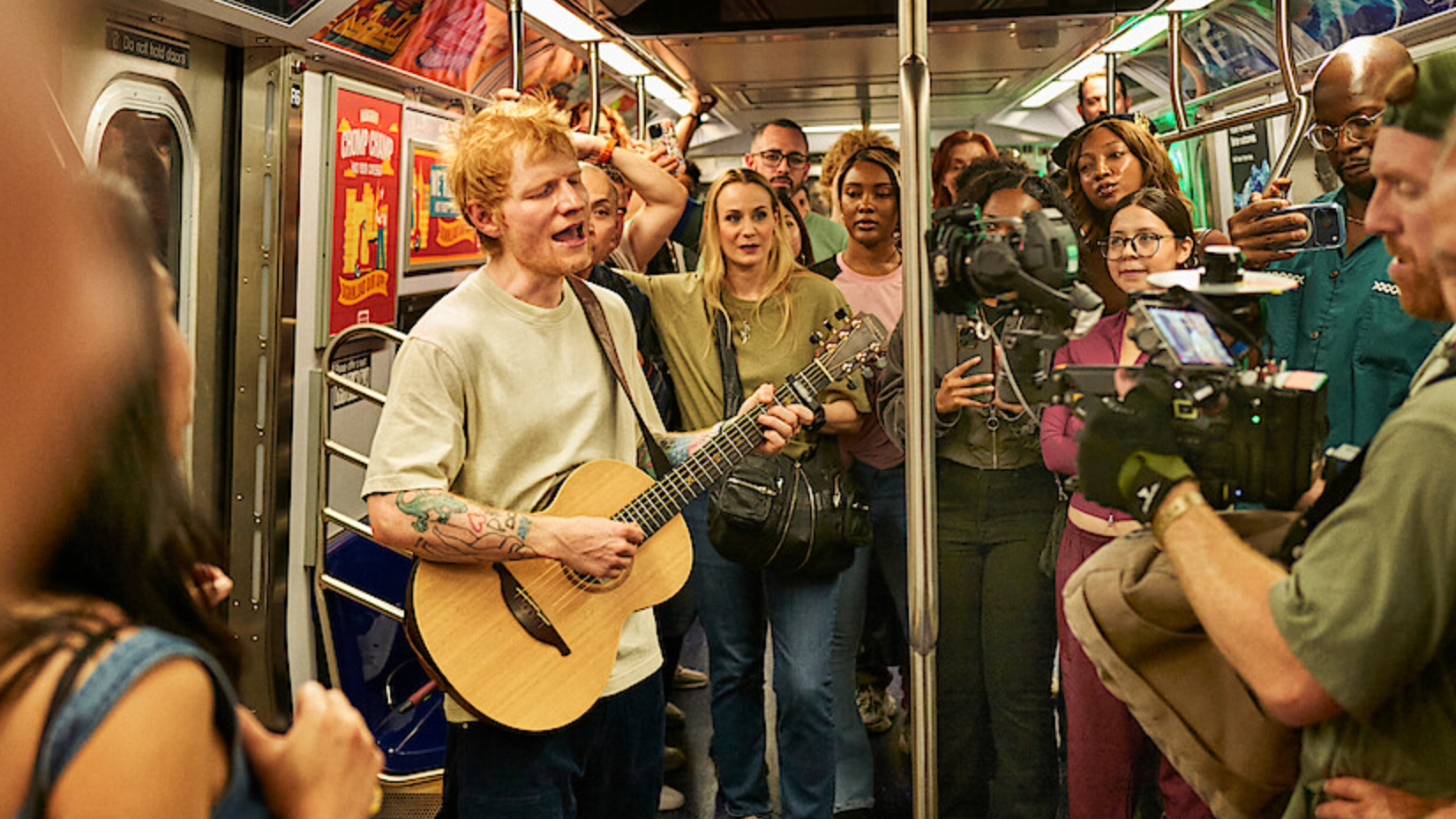 Ed Sheeran in Netflix&#039;s One Shot, performing on a subway
