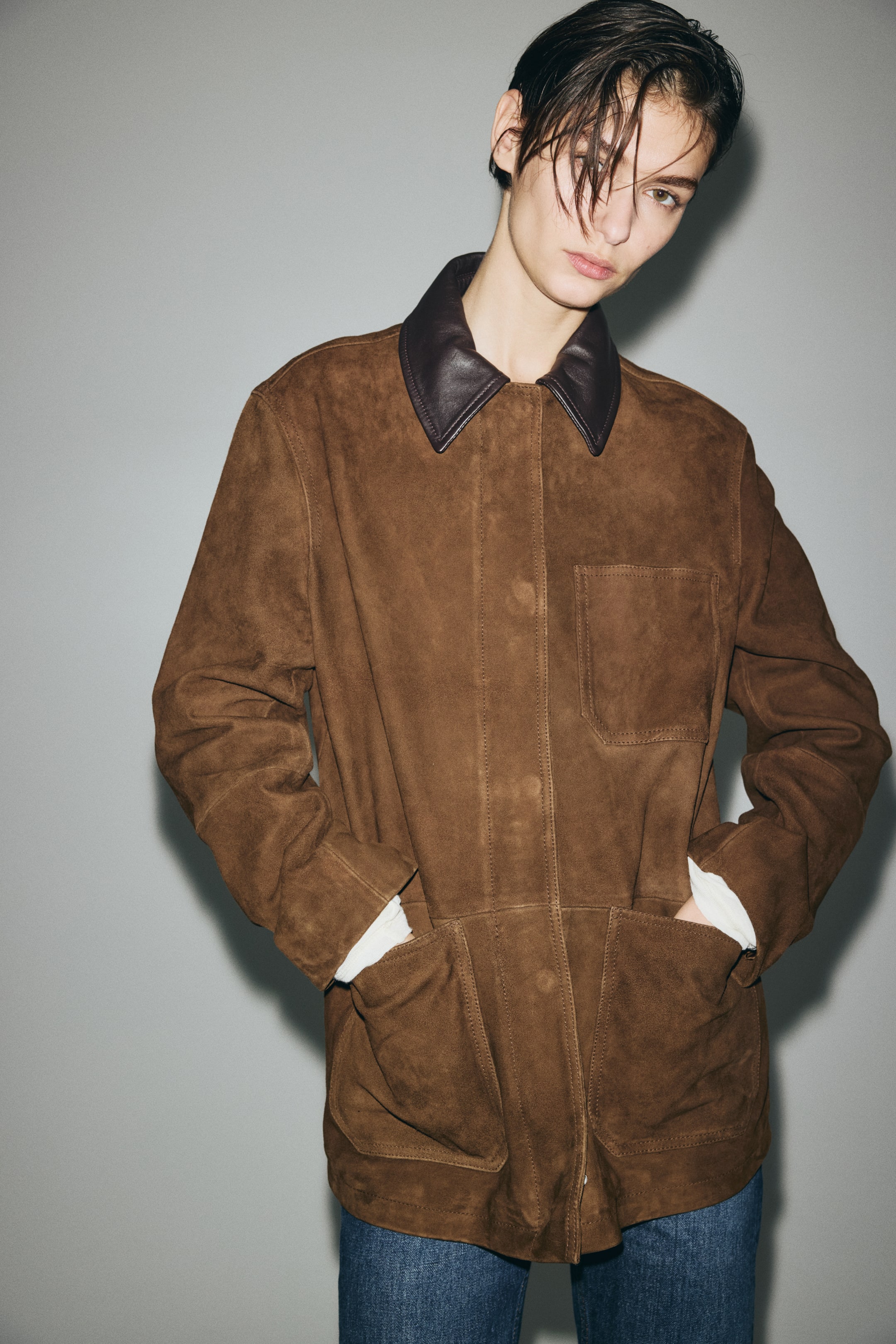 Collared Suede Jacket - Brown