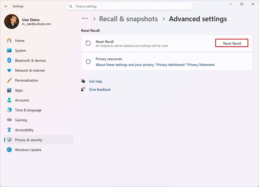 Windows Recall reset feature