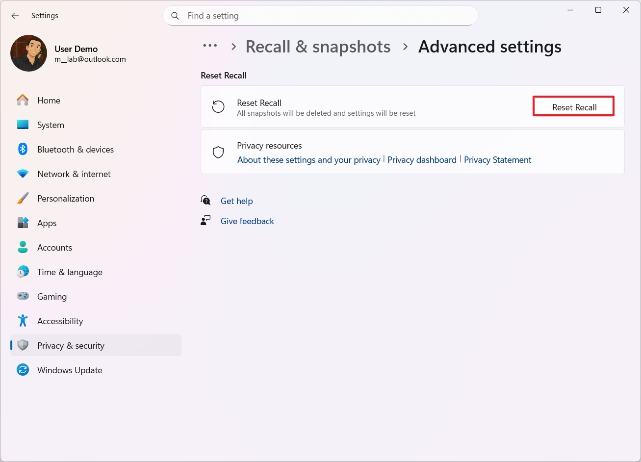Windows Recall reset feature