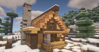 Minecraft cabin build idea - A slightly unkempt spruce and oak lodge with a chimney and porch in a snowy forest.