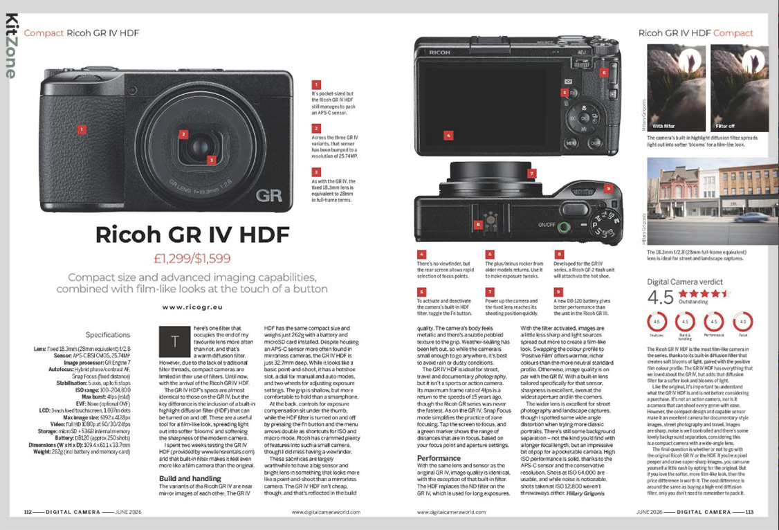 Image showing the first two pages of the Ricoh GR IV HDF camera review, in issue 308 (June 2026) of Digital Camera magazine