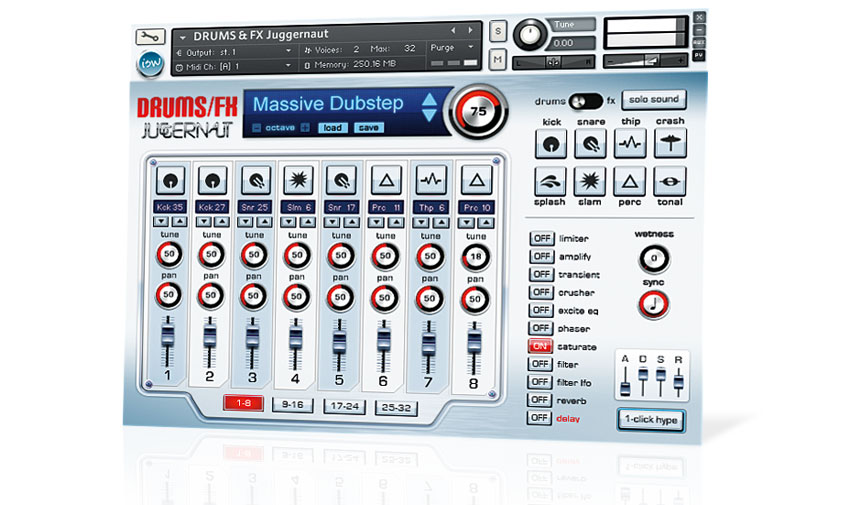 The Drums/FX category is presented in a 32-channel mixer