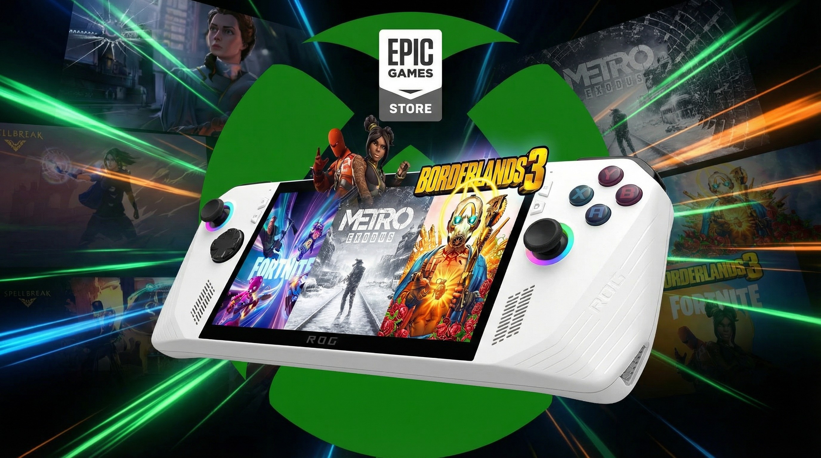 Xbox Ally mockup with Xbox logo and Epic Store logos