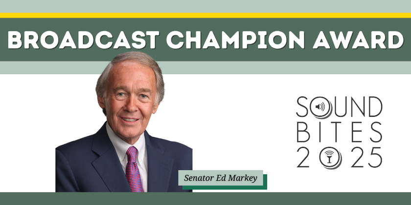 Senator Edward Markey with a logo of the Broadcast Champion Award