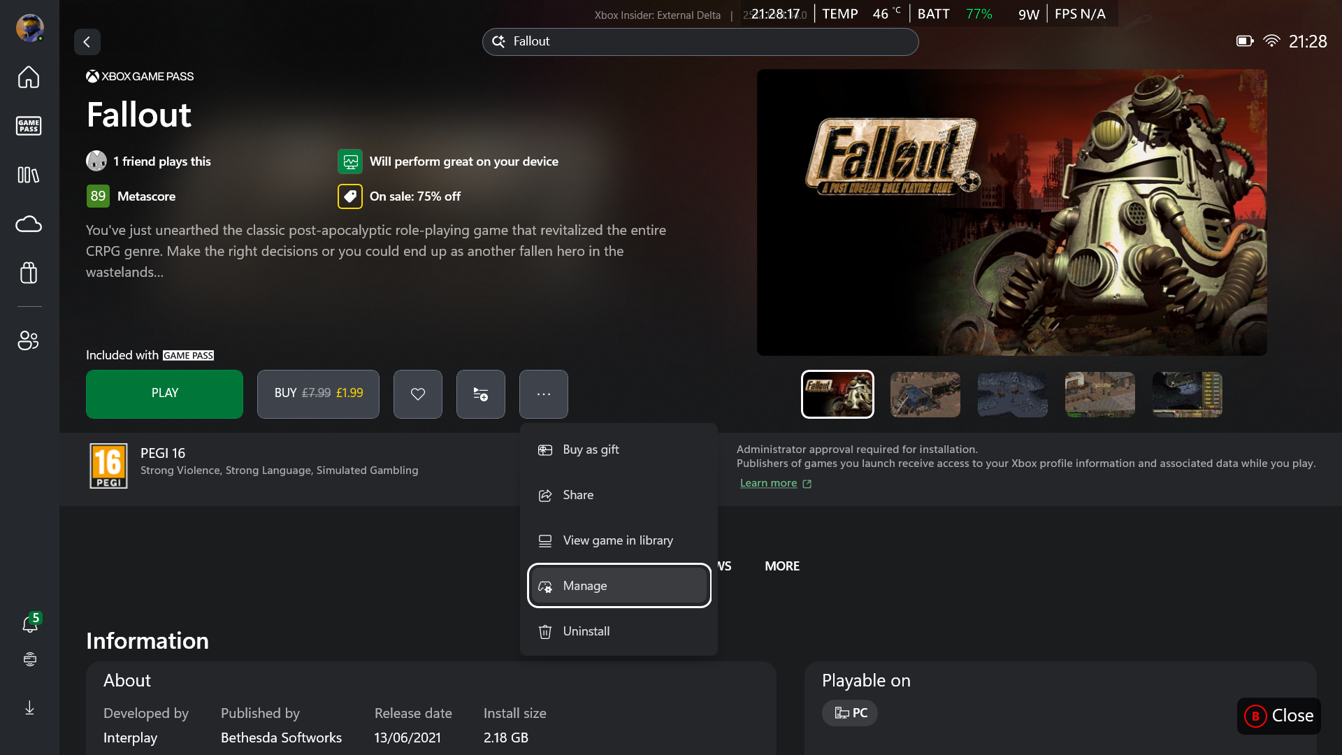 Manage option for games in xbox app