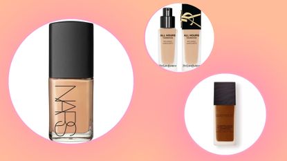 a collage image showing three of the best non-comedogenic foundations in MIL's round-up, against a pink background