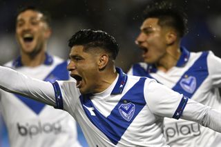 Velez Sarsfield players celebrate a goal against River Plate in September 2023.