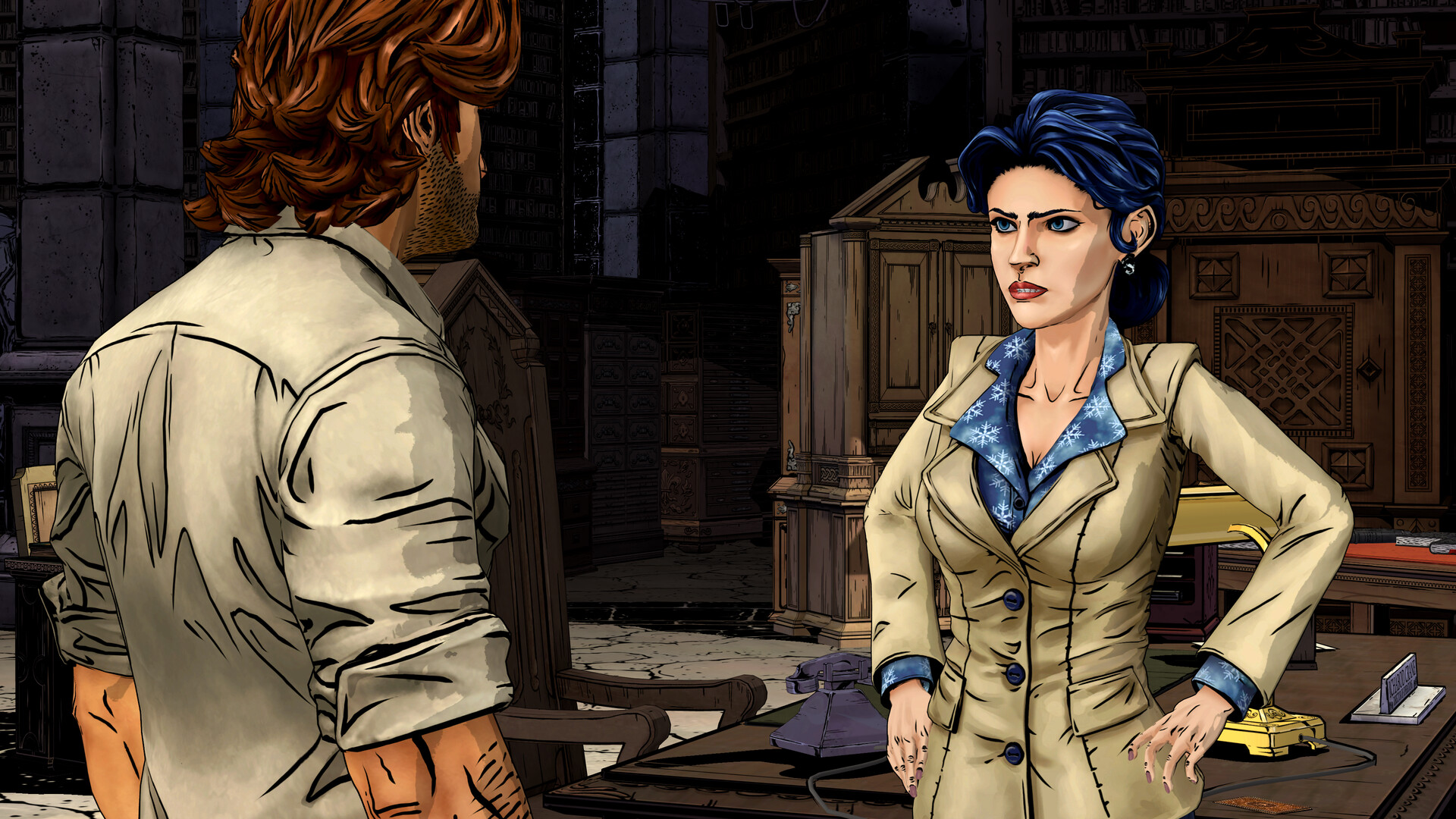 In narrative adventure The Wolf Among Us Remastered, protagonist Bigby Wolf talks to Snow in Mayor Cole's office
