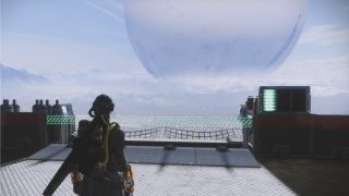 Destiny 2 hidden net: A Warlock standing next to the Tower Hangar goals overlooking the Traveler.