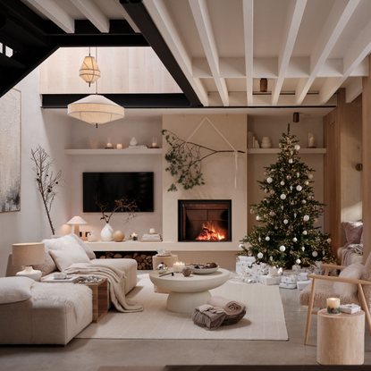 beige and cream living room ready for christmas.