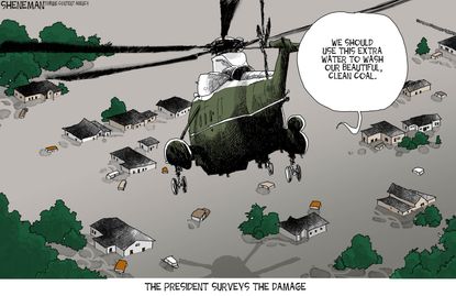 Political cartoon U.S. Trump Harvey coal climate change