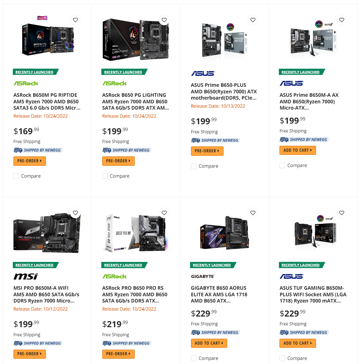 Newegg B650/B650E Motherboard Listings