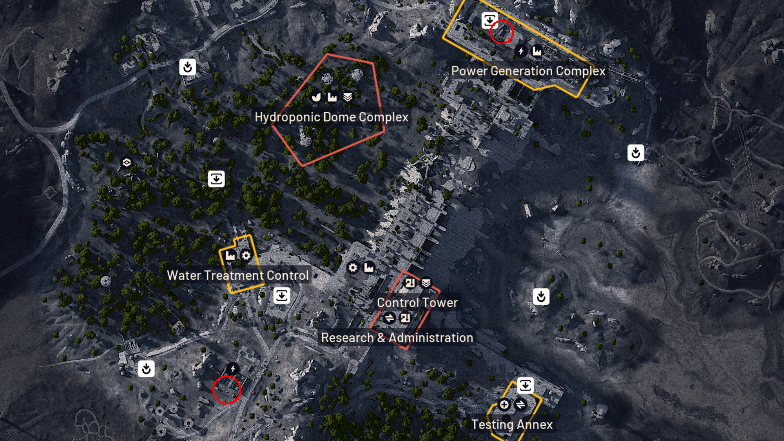 Arc Raiders light bulb locations: A map of Dam Battlegrounds with two red circles marking the locations of specific cars at Electrical Substation and Power Generation Complex.