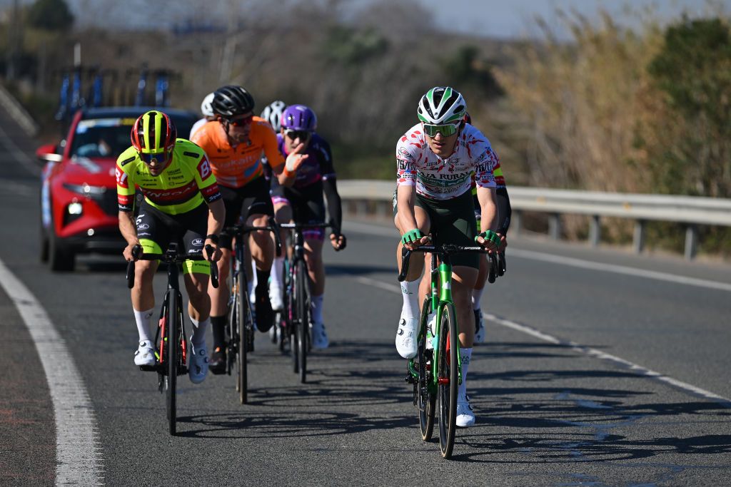 CANALS SPAIN FEBRUARY 01 Gorka Sorarrain of Spain and Team Caja RuralRGA Polka dot Mountain Jersey R competes in the breakaway during the to the 75th Volta a la Comunitat Valenciana 2024 Stage 2 a 1627km stage from Canals to Mancom de la Valldigna on February 01 2024 in Canals Spain Photo by Dario BelingheriGetty Images