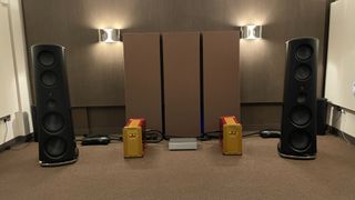 Magico M7 loudspeaker towers in a test room
