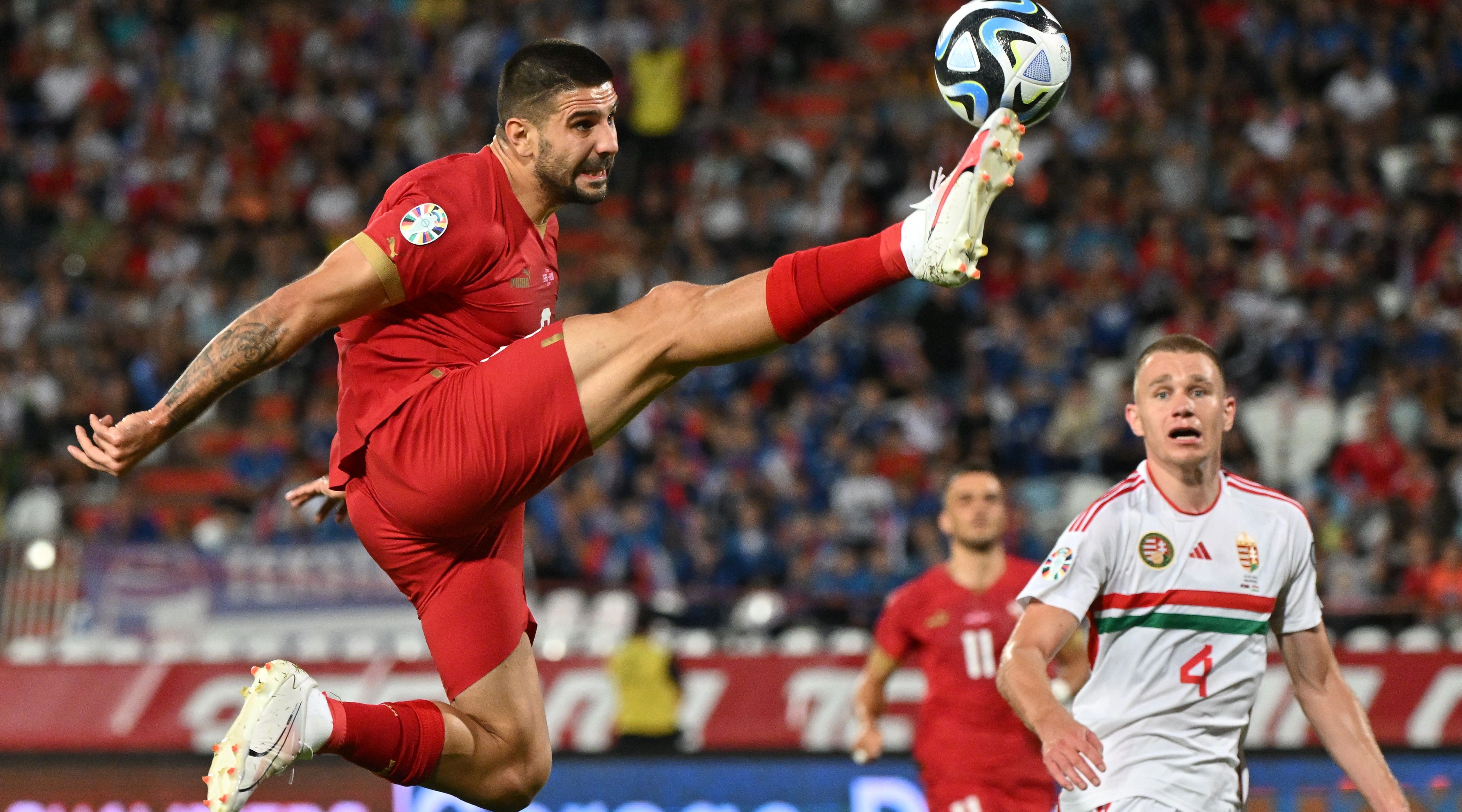 Aleksandar Mitrovic of Serbia controls the ball during a match.