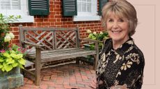 picture of worn wooden garden bench and cut out of Nancy Birtwhistle over top