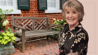 picture of worn wooden garden bench and cut out of Nancy Birtwhistle over top