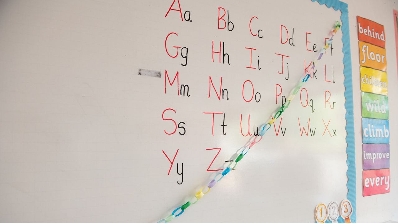 Primary school classroom with phonics on white board