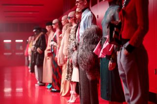 PARIS, FRANCE - MARCH 09: Models stand on the runway during the Valentino "Le Meta-Theatre des Intimites" show as part of Paris Fashion Week on March 09, 2025 in Paris, France.