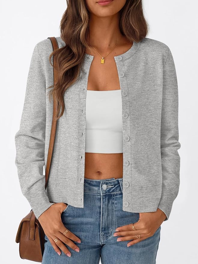 Trendy Queen, Trendy Queen Womens Cardigan Sweaters Lightweight Cropped Crew Neck Outfits Early Fall Fashion 2025 Clothing Grey Melange S
