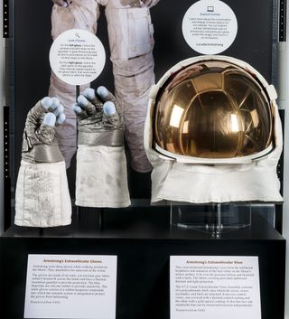 The suit and gloves from Neil Armstrong, the first person on the moon, are on display this year at the National Air and Space Museum's Udvar-Hazy Center in Chantilly, Va.