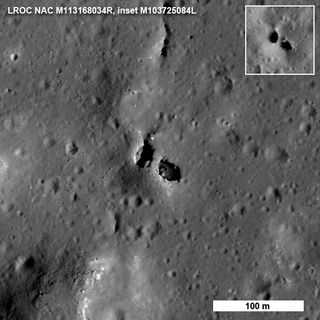 In Aug. 2010, the Lunar Reconnaissance Orbiter Camera (LROC) revealed a natural bridge found in the moon's King crater. The bridge is about 23 feet (7 meters) wide on top and approximately 30 feet (9 meters) on the bottom side. It would be a 66-foot (20-m