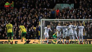 Norwich’s Mario Vrancic scores from a free-kick against Leeds (PA)