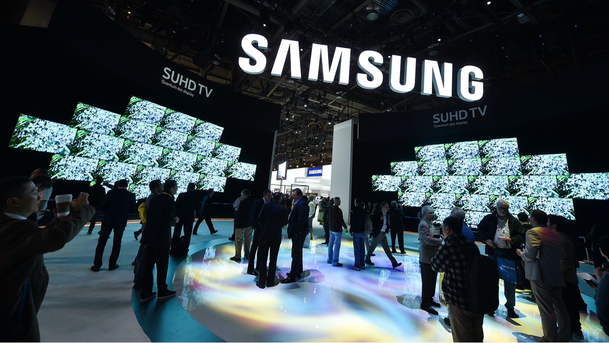 A view of a Samsung product show with TVs on display