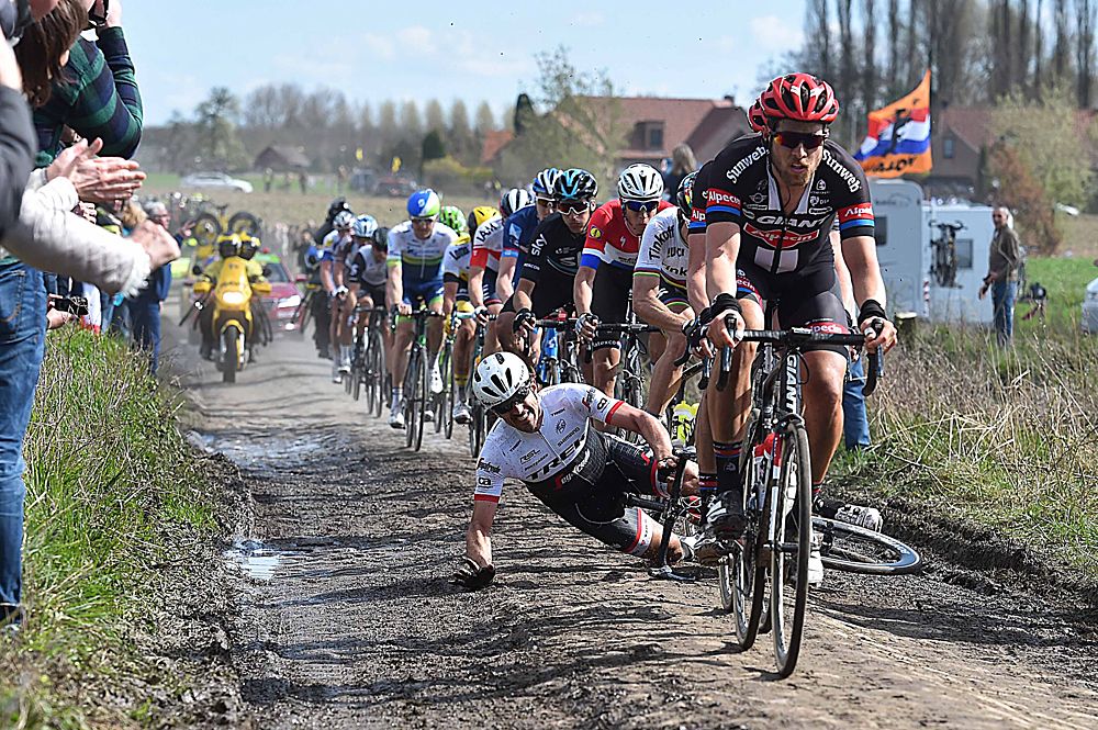 Farbian Cancellara (Trek-Segafredo) crashed over the cobbles near the end of the race at Paris-Roubaix