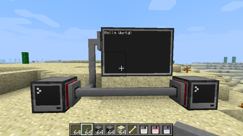 Minecraft mods - Computercraft - Two connected command line blocks and a screen that says "Hello World!"