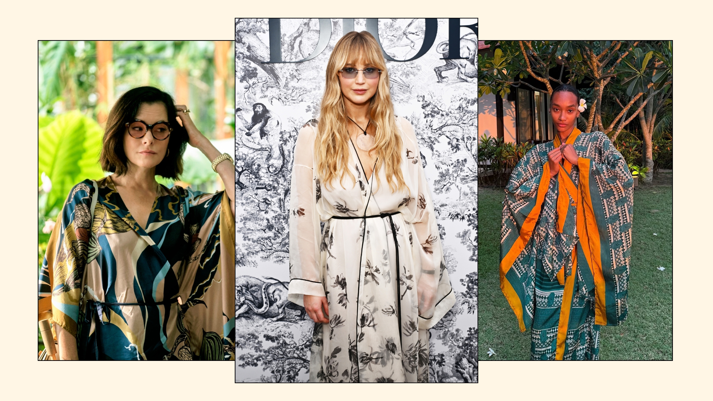 A collage of women wearing kaftan style dresses and cover-ups.