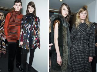4 models wearing orange and black sweater and colorful short fur coat with black trousers and grey trench coat and grey fur dress