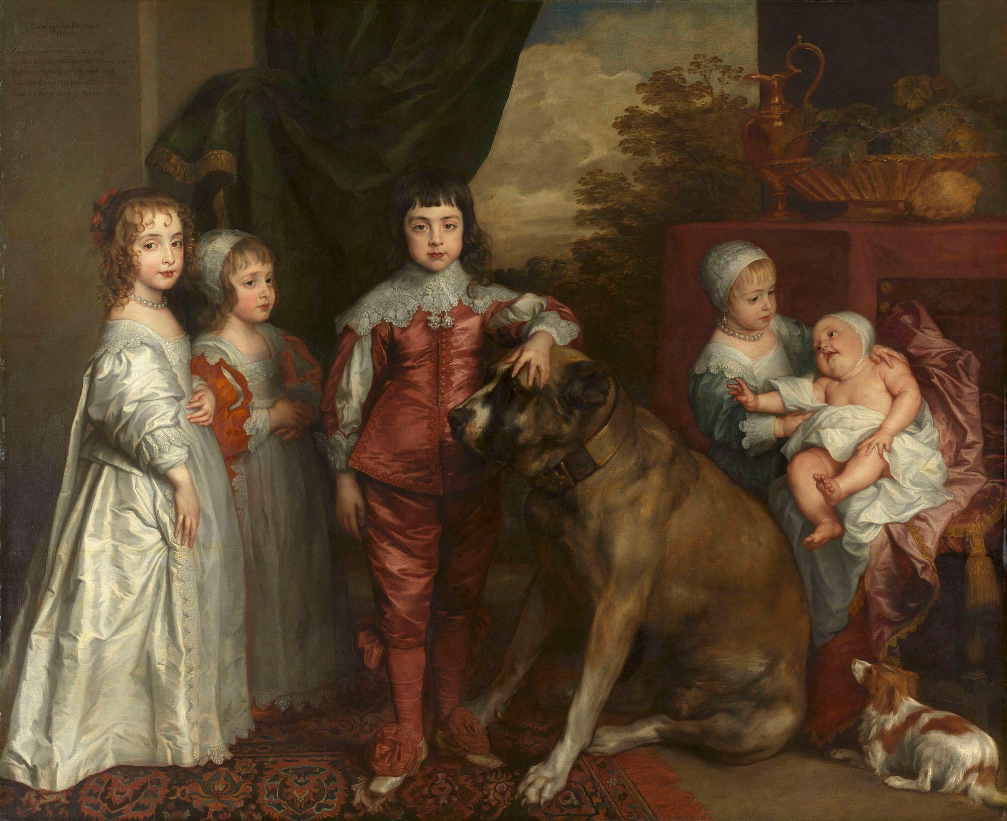 Painting of five children in 17th-century dress, standing in a line around a large dog