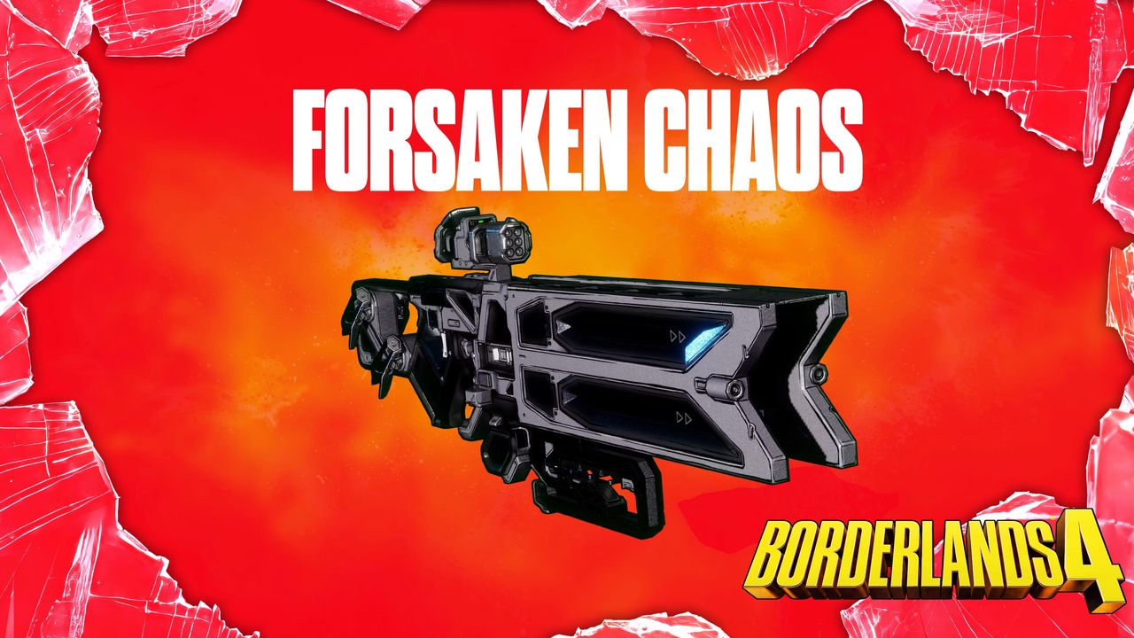 Borderlands 4 Twitch Drops: The Forsaken Chaos shotgun against a red background, framed by broken glass.
