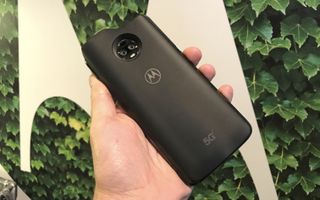 A dummy model of Motorola's 5G Moto Mod, on the back of the new Moto Z3.