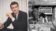rock hudson on a white background on the left and raking in his garden on the right