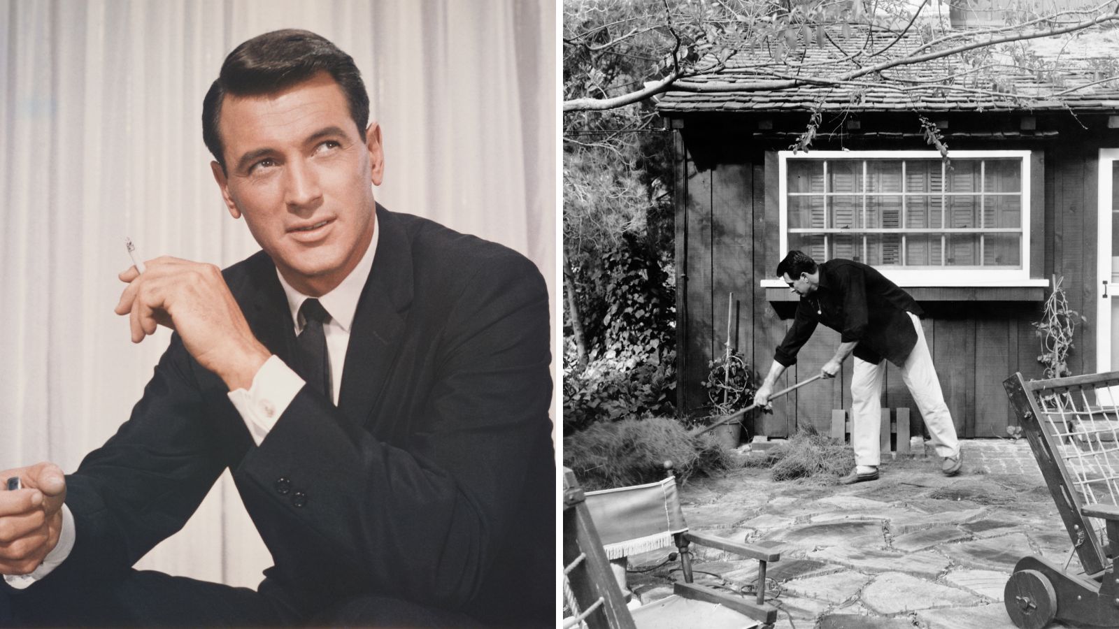 rock hudson on a white background on the left and raking in his garden on the right