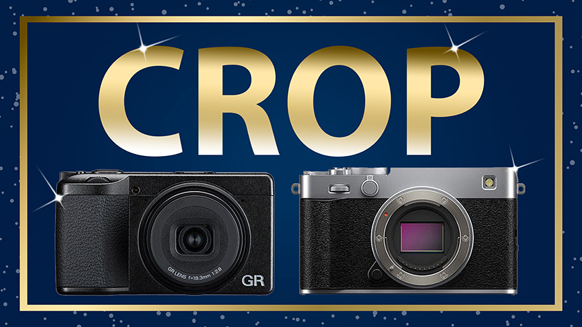 Gold writing and border on blue background with Ricoh and Fujifilm camera below