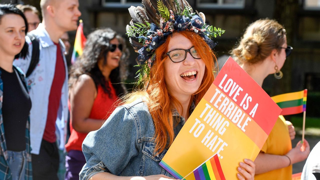 Attendees gather at the Baltic Pride parade