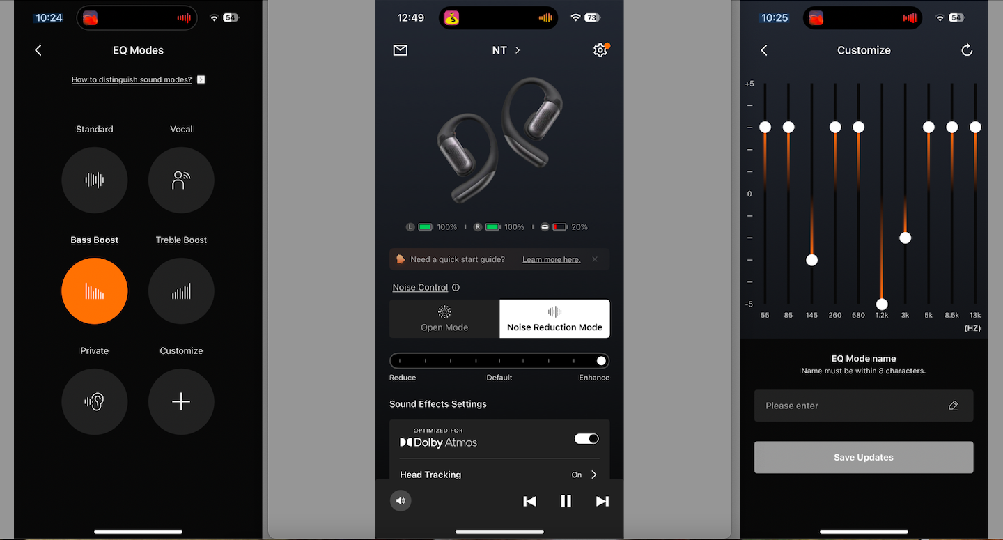 A triptych of screenshots of the Shokz app showing noise reduction, EQ presets and the customizable EQ settings.