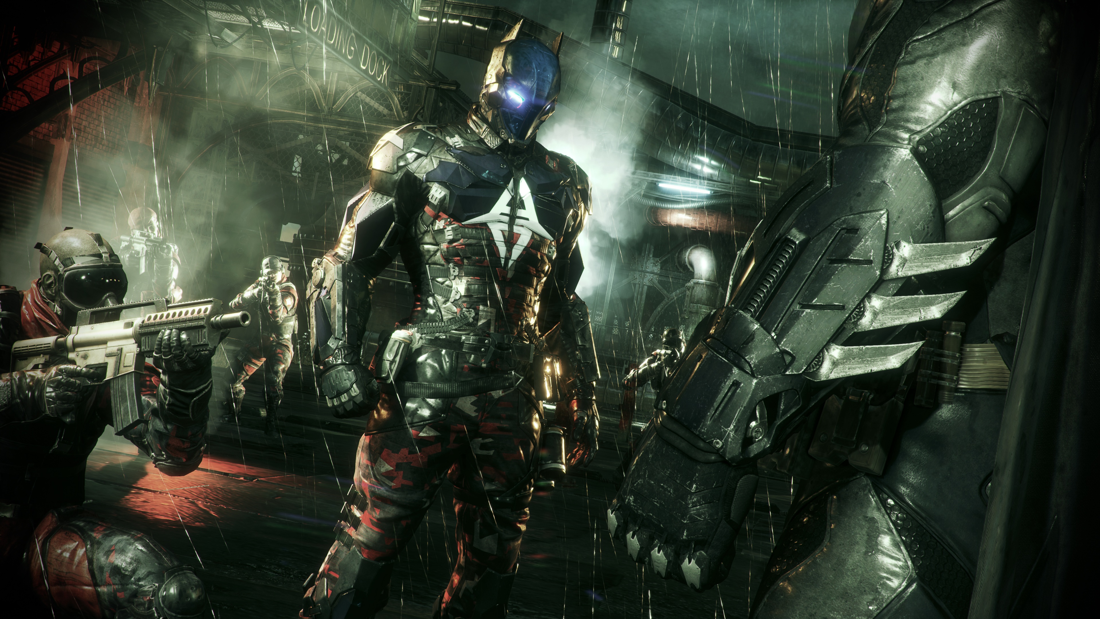 The Arkham Knight and his army facing off with Batman in Batman: Arkham Knight