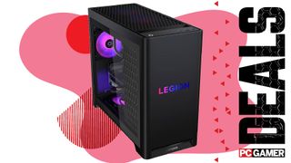 A Lenovo Legion Tower 5i gaming PC on a custom PC Gamer Deals background.