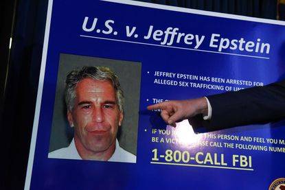 A poster with Jeffrey Epstein's face on it.