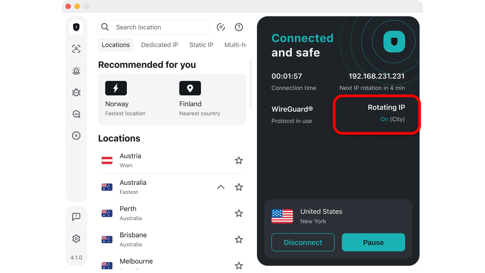 Surfshark interface showing Rotating IP operation.